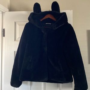 Black Faux Fur Short Bunny Jacket With Pose-able Ears - Fits Size Small